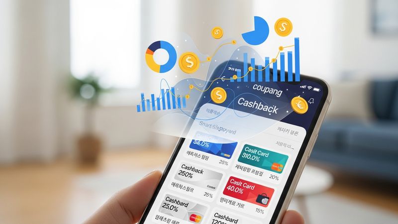 Coupang app on smartphone with card payment selection screen, online shopping cashback strategy visualization, Korean consumer smart shopping, photorealistic, 4k