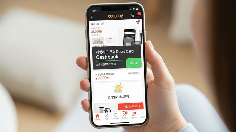 Coupang online shopping with Korean debit card cashback strategy, mobile shopping app with discount visualization, smart consumer lifestyle, photorealistic, 4k