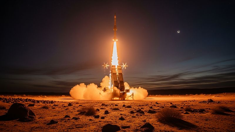Korean Cheongung M-SAM II missile defense system launch in desert environment, military defense technology, dramatic night launch, photorealistic, 4k