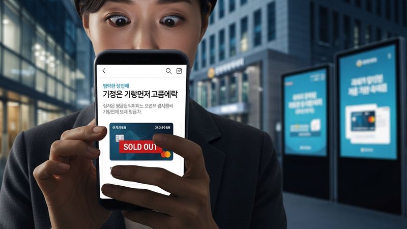 Korean bank card discontinuation news concept, shocked consumer looking at smartphone with sold-out card message, financial urgency scene, photorealistic, 4k