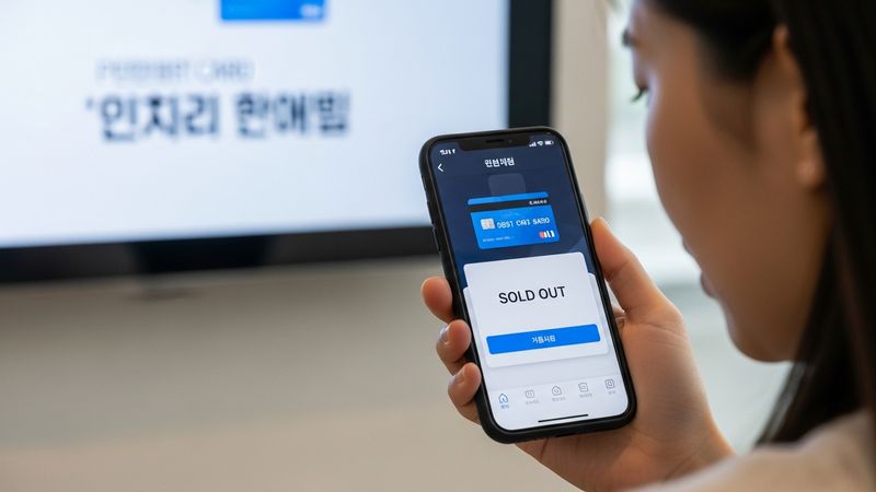 Korean card discontinued news concept, smartphone showing sold out debit card application, financial consumer disappointment scene, photorealistic, 4k