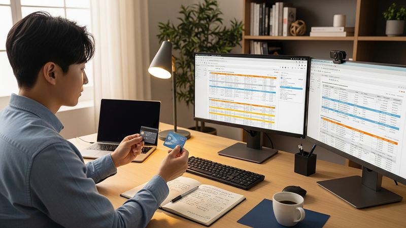 Korean consumer analyzing multiple card benefits for optimal strategy, financial planning with debit credit card comparison, professional home office setup, photorealistic