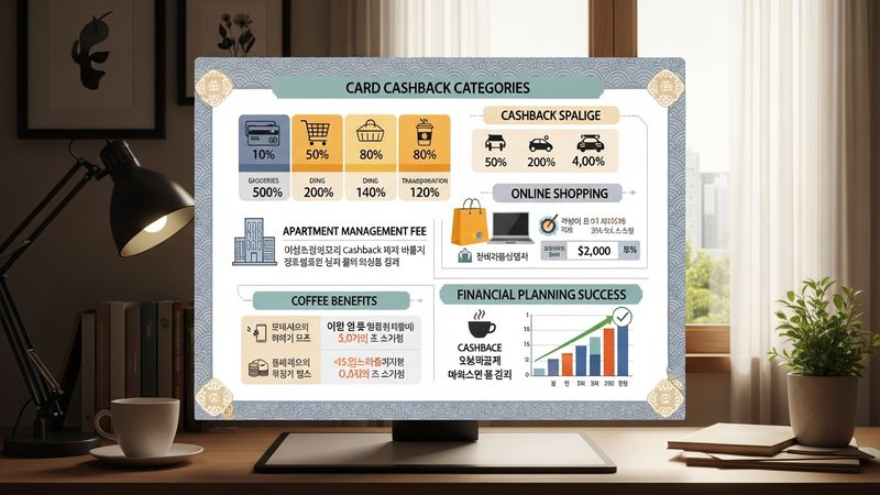 Korean consumer monthly budget optimization chart with card cashback categories, apartment management fee online shopping coffee benefits, financial planning success, photorealistic