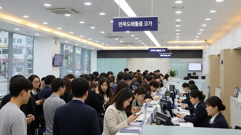 Korean consumers rushing to bank branch for limited card stock, financial opportunity urgency concept, modern bank interior, photorealistic