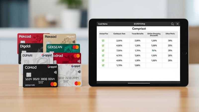 Korean debit card comparison analysis, multiple credit cards with benefits comparison chart, smart consumer financial decision, photorealistic, 4k