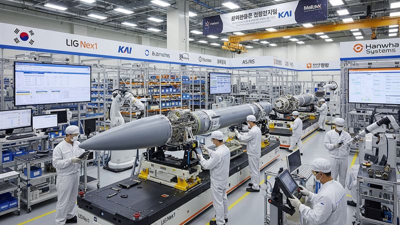 Korean defense companies collaboration building Cheongung missile system, advanced aerospace manufacturing facility, high-tech defense production, photorealistic, 4k