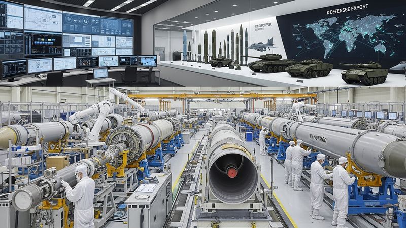 Korean defense industry company overview, missile manufacturing facility, K-defense export success visualization, photorealistic, 4k