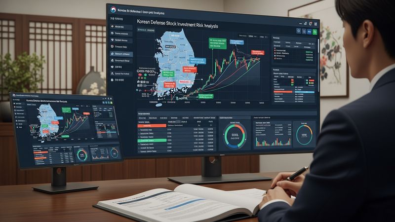 Korean defense stock investment risk analysis, strategic portfolio review with defense sector chart, professional financial office setting, photorealistic