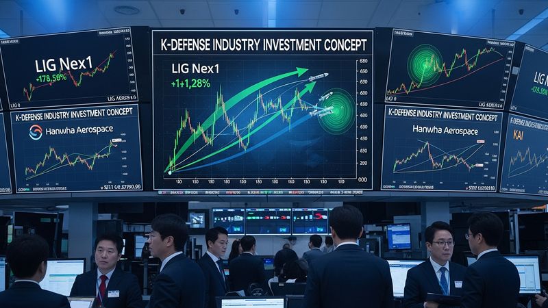 Korean stock market with defense sector stocks rising, K-defense industry investment concept, financial charts with missile defense theme, photorealistic, 4k