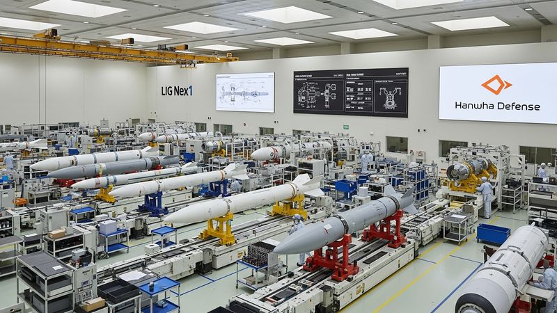LIG Nex1 and Hanwha defense companies missile production overview, Korean aerospace manufacturing, cutting-edge defense technology facility, photorealistic, 4k