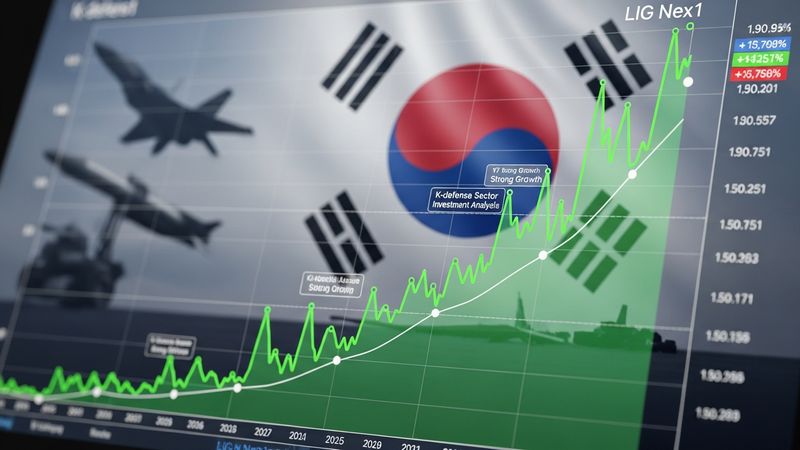 LIG Nex1 defense company stock growth chart, Korean defense sector investment analysis, financial uptrend with K-defense backdrop, photorealistic, 4k