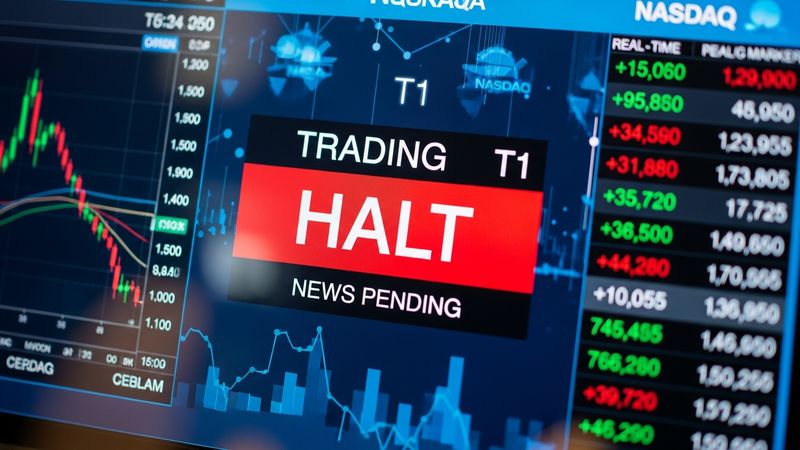 T1 trading halt notification on stock screen, news pending alert concept, NASDAQ market halt visualization, photorealistic