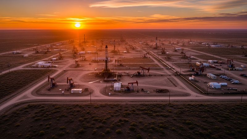 Texas Permian Basin oil field aerial view, industrial oil extraction equipment, sunset dramatic landscape, photorealistic, 4k