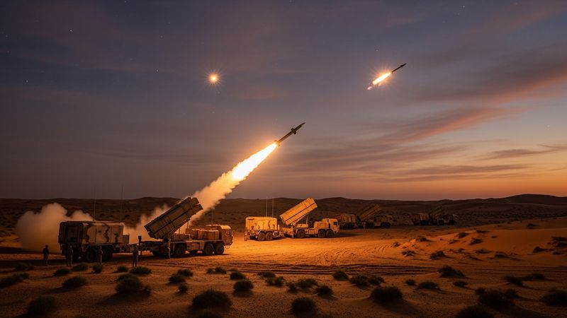 UAE military defense system integration, Korean Cheongung missile battery in Middle East desert, successful interception visualization, photorealistic, 4k