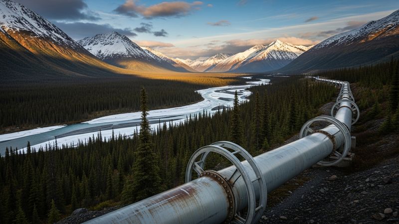 beautiful Alaskan landscape with a large natural gas pipeline running through, 4k cinematic