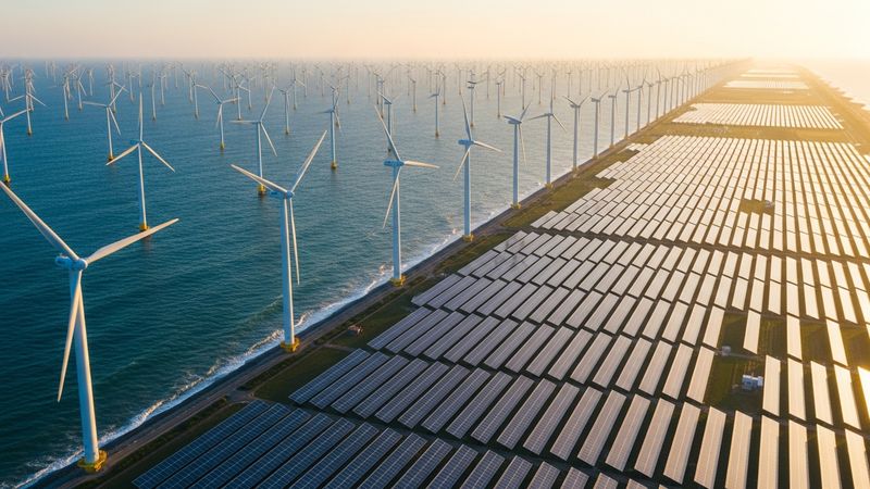 beautiful vibrant aerial view of a huge offshore wind farm and extensive shiny solar panels aligned near the coast, golden hour sunlight, renewable energy technology, photorealistic, 4k
