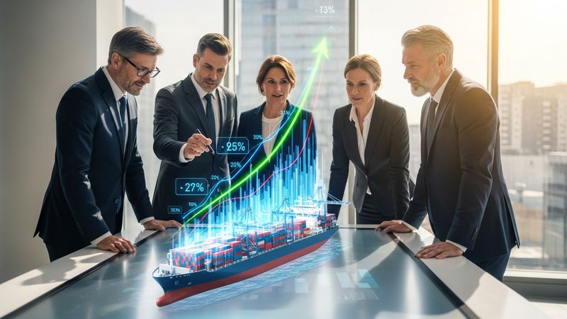 business executives watching a soaring graph over a model of a cargo ship, bright daylight, 4k
