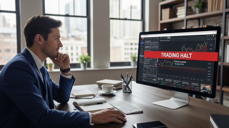 calm investor analyzing trading halt situation on computer screen, strategic wait approach during stock suspension, professional office setting, photorealistic