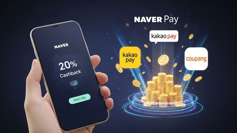 cashback benefit visualization with Korean payment apps Naver Pay Kakao Pay Coupang, 20 percent cashback concept, modern financial lifestyle, photorealistic, 4k