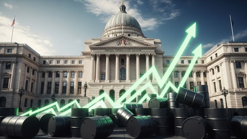 central bank building and oil barrels with stock market arrows going up, 4k
