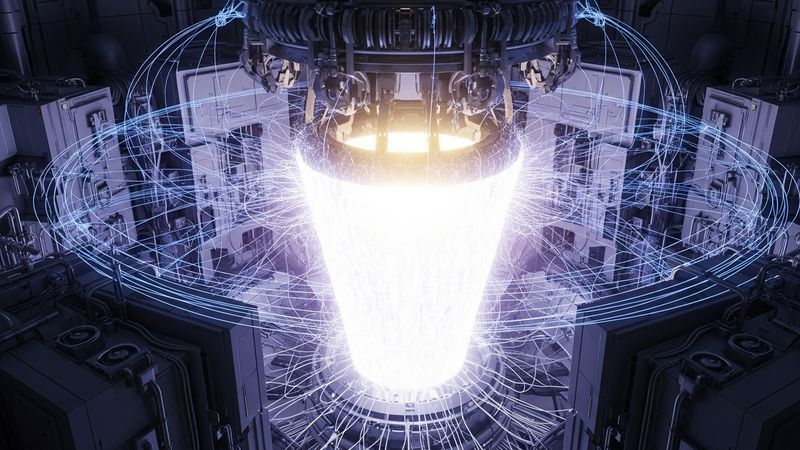 conceptual representation of nuclear fusion core, artificial sun technology, blinding bright plasma suspended in magnetic field, science fiction yet realistic style, high-tech energy, 4k