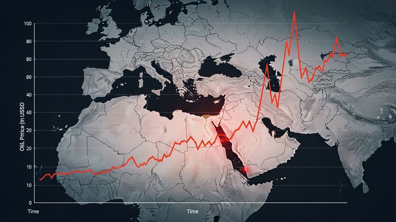 dramatic oil price surge chart with Middle East map background, geopolitical risk visualization, professional financial data, photorealistic, 4k