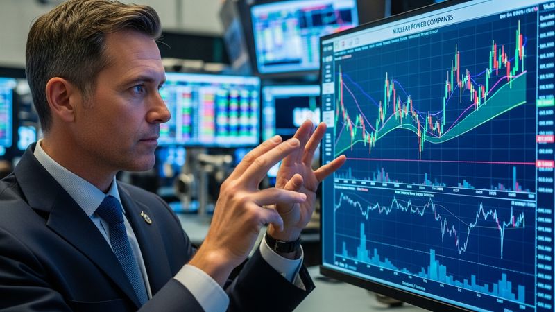 experienced stock broker making analytical hand gestures over a stock chart of nuclear power companies, serious face, professional trading suite, photorealistic, 4k
