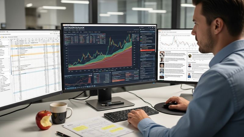 financial analyst reviewing Battalion Oil BATL future outlook charts, investment research desk, multiple screens with oil price forecasts, photorealistic, 4k