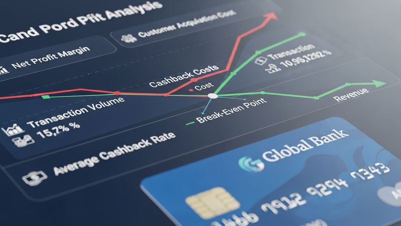 financial card profit analysis concept showing cashback cost vs revenue, bank card profitability visualization, professional financial analysis, photorealistic, 4k