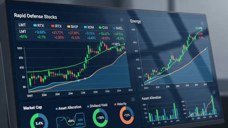 financial dashboard showing rapid growth in defense stocks and energy sector, 4k