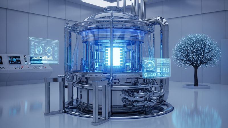 futuristic nuclear reactor glowing with soft blue light, modern Small Modular Reactor structure, clean energy concept, hyper-realistic, 4k