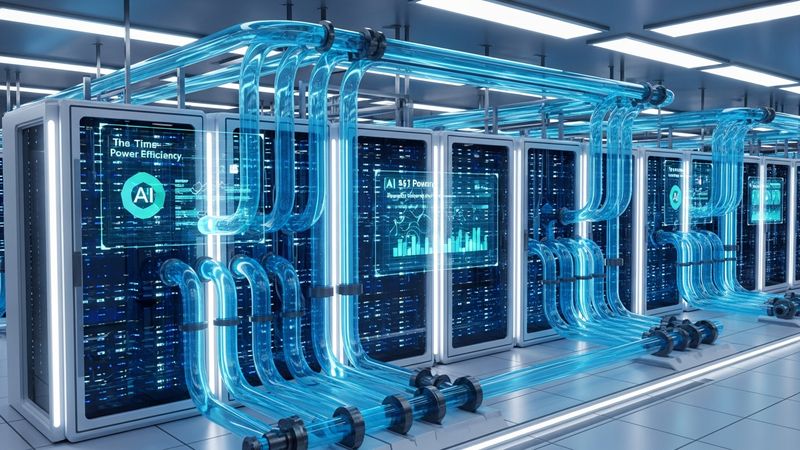 futuristic server room with advanced liquid cooling systems, showing blue cool glowing pipes managing heat, AI power efficiency concept, extremely realistic, premium lighting, 4k