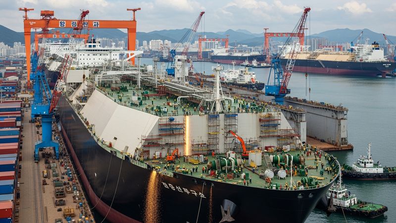 giant high-tech LNG carrier ship building at a busy shipyard in Korea, photorealistic 4k