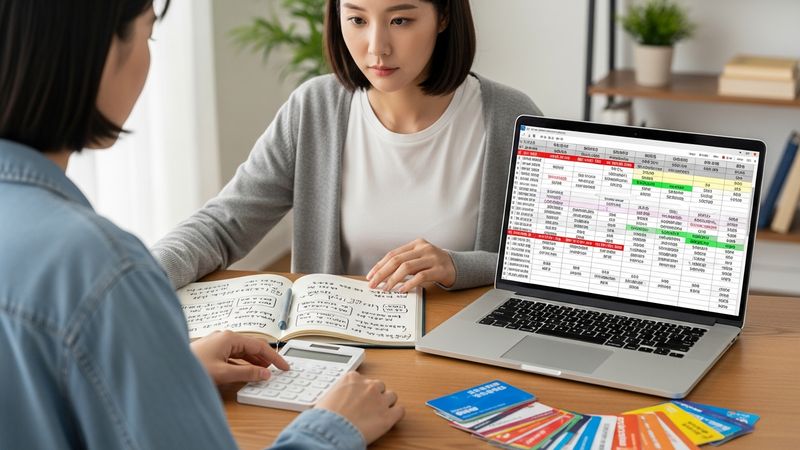 gift card cashback strategy diagram, Korean consumer calculating gift voucher and cashback benefit, smart financial planning with spreadsheet, photorealistic, 4k