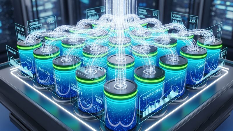 glowing lithium-ion battery cells close up, showing energy flow lines and data analytics, high tech investment concept, secondary battery power, photorealistic, 4k