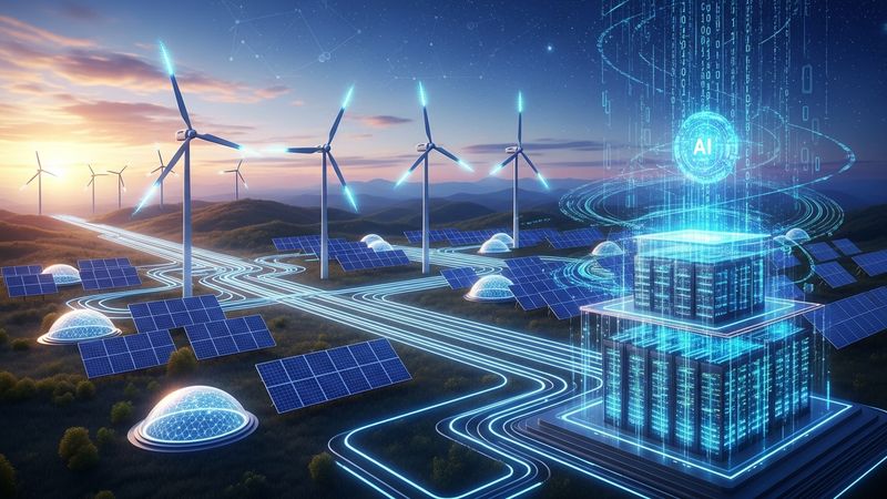 high-tech futuristic illustration of renewable energy sources like wind turbines and solar panels feeding a glowing AI data center, data streams, photorealistic, 4k
