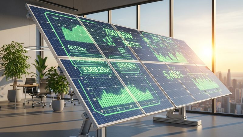 high-tech solar energy tracking panel adjusting to the sun, glowing with digital energy data overlays showing power output, green investment concept, photorealistic, premium office, 4k