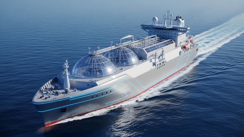 LNG 관련주 high tech futuristic LNG carrier ship on blue ocean, photorealistic 4k