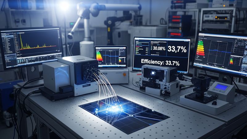 highly advanced perovskite-silicon tandem solar cell glowing under direct cosmic sunlight with high tech laboratory equipment analyzing efficiency metrics, nextgen sustainable energy power, photorealistic, 4k