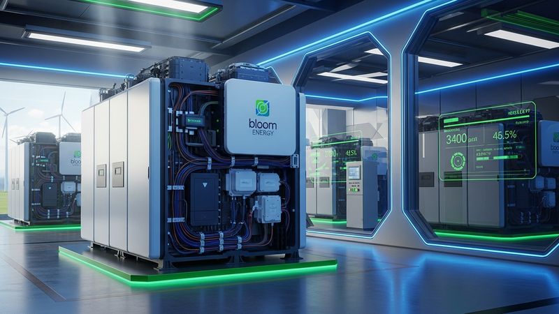 highly detailed Bloom Energy Server fuel cell module installed in a futuristic clean tech facility, blue and green color palette, high tech green investing, photorealistic, 4k