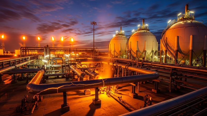 huge pipeline terminal with glowing natural gas, epic lighting, photorealistic 4k