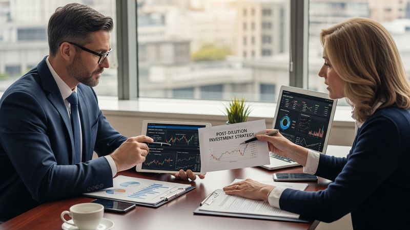 investment strategy planning after stock offering dilution, professional financial advisor reviewing portfolio risk, office environment, photorealistic