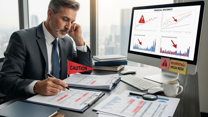 investor at desk analyzing oil company financial statements with warning signs, cautious investment research, professional office setting, photorealistic