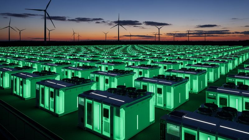 massive grid scale energy storage system battery containers glowing with green energy, modern wind turbines in the background, future tech concept, photorealistic, 4k