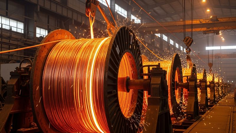 massive spools of glowing pure copper wires inside an industrial power grid factory setup, sparks flying, symbolizing energy transmission boom, photorealistic, 4k