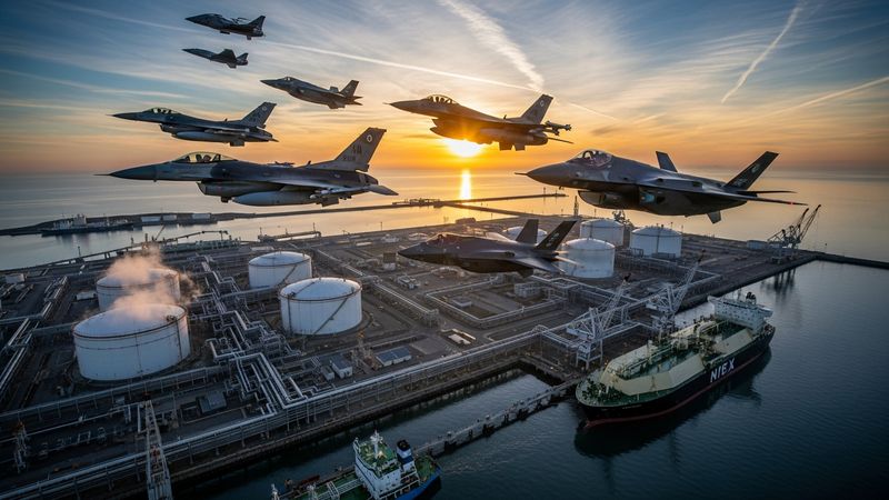 military jets flying over an LNG port facility, representing energy defense, photorealistic 4k