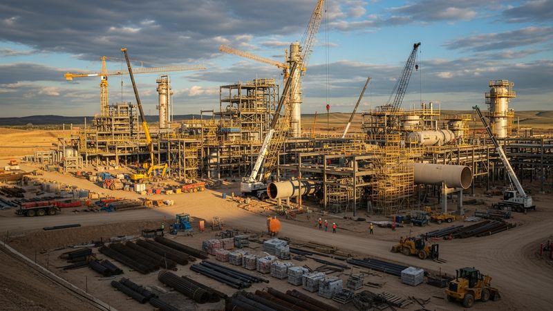 modern American natural gas processing plant under construction, photorealistic 4k