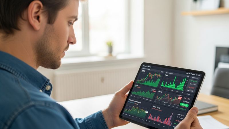 novice investor looking thoughtfully at a tablet showing energy sector stocks, bright daytime, photorealistic 4k