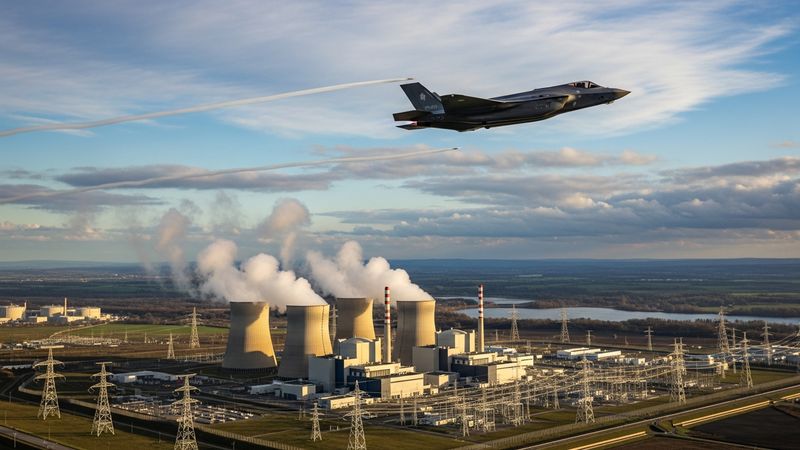 powerful visualization combining military jet flying over a modern nuclear power plant, symbolizing the strict bond between national defense and energy security, photorealistic, 4k