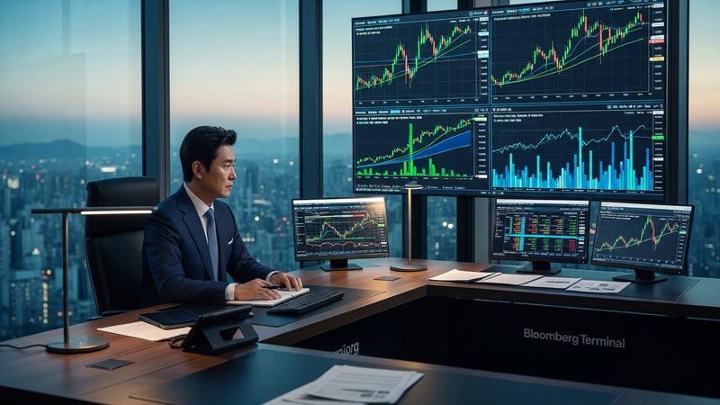 professional Korean investor looking at global energy stock market charts highlighting renewable energy and nuclear power trends, photorealistic, premium office, 4k